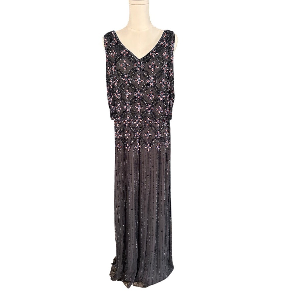 Vintage 1920s Style‎ Beaded Flapper Maxi Dress Black Pink Floral Sequin Gown L